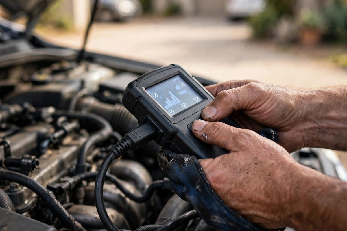 Close view of hands running a diagnostic check on a car engine in a driveway