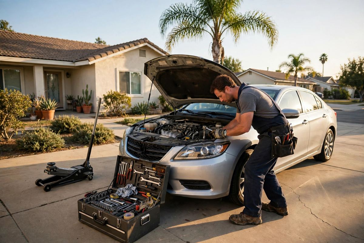 A mobile mechanic working on a car with its hood open in a suburban driveway